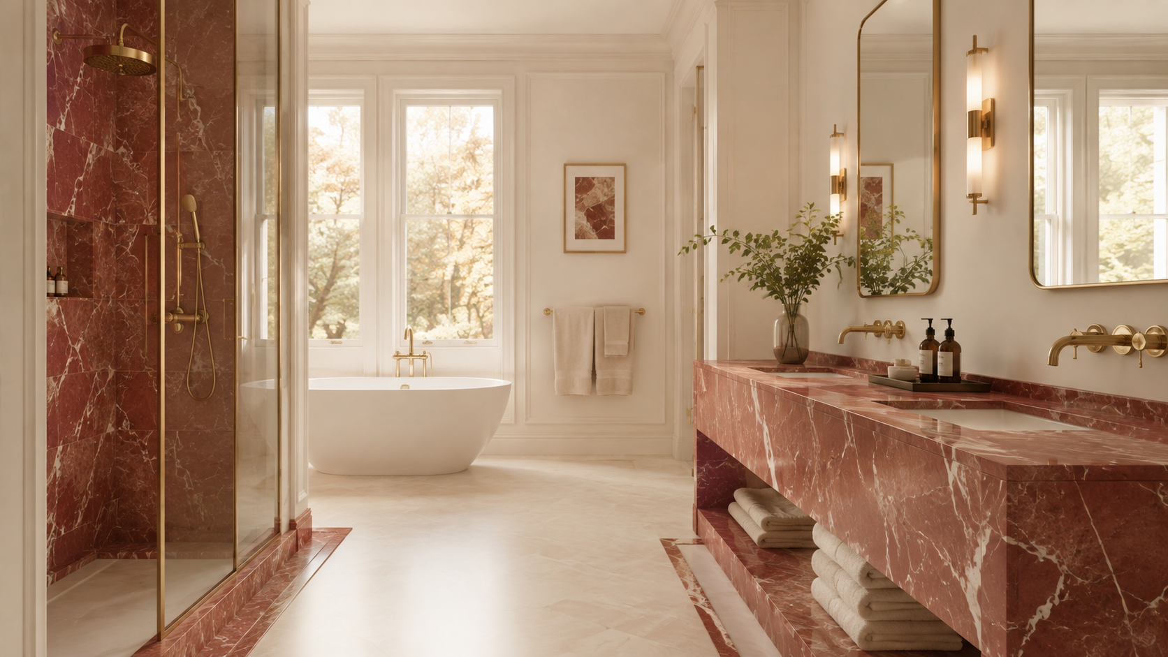 Soft cream bathroom palette balanced with rich red marble accents and light wood